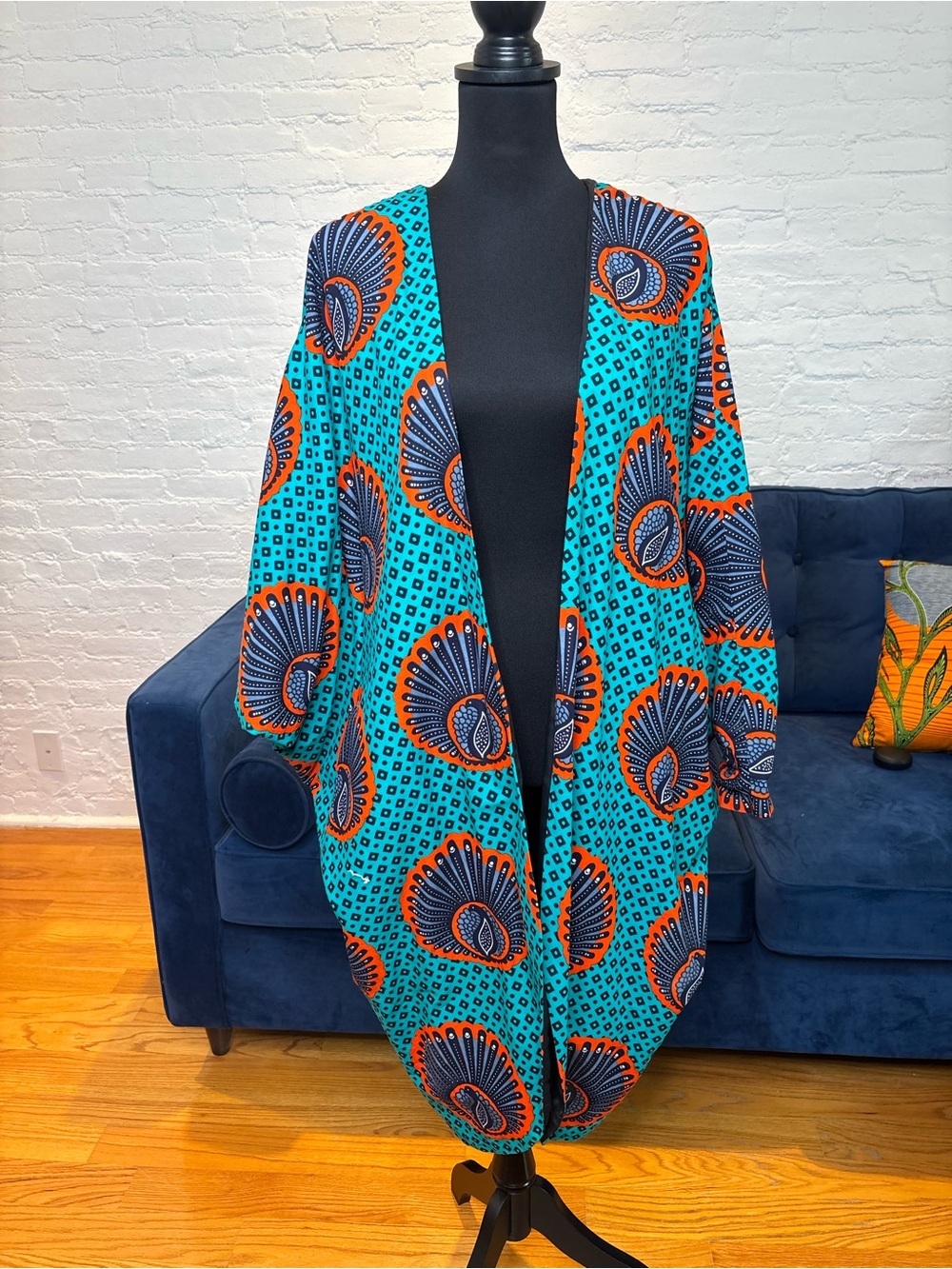 Turquoise & Orange African Patterned Open Front Cocoon Kimono Jacket
